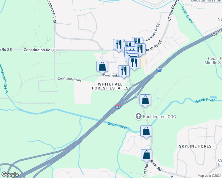 map of restaurants, bars, coffee shops, grocery stores, and more near 1777 Whitehall Forest Court Southeast in Atlanta