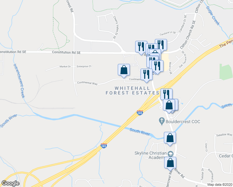 map of restaurants, bars, coffee shops, grocery stores, and more near 1823 Whitehall Forest Court Southeast in Atlanta