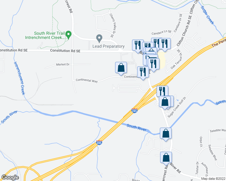 map of restaurants, bars, coffee shops, grocery stores, and more near 1847 Whitehall Forest Court Southeast in Atlanta