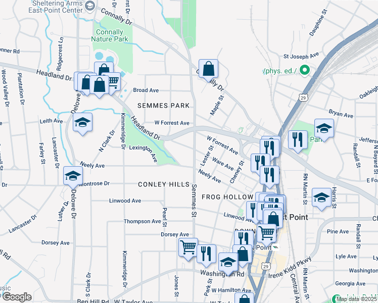 map of restaurants, bars, coffee shops, grocery stores, and more near 2601 Semmes Street in East Point