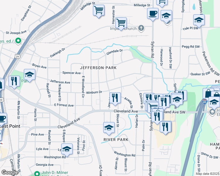 map of restaurants, bars, coffee shops, grocery stores, and more near 1095 Winburn Drive in East Point