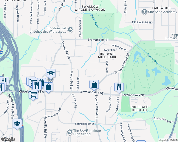 map of restaurants, bars, coffee shops, grocery stores, and more near 271 Tonawanda Drive Southeast in Atlanta