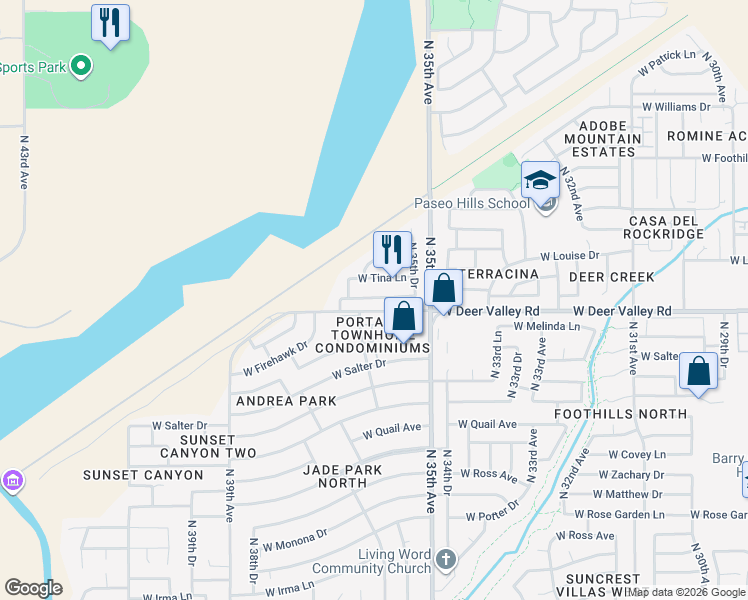 map of restaurants, bars, coffee shops, grocery stores, and more near 3551 West Via Del Sol Drive in Glendale