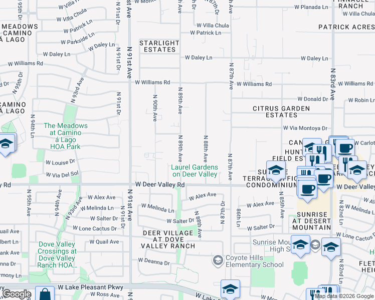 map of restaurants, bars, coffee shops, grocery stores, and more near 22009 North 89th Avenue in Peoria