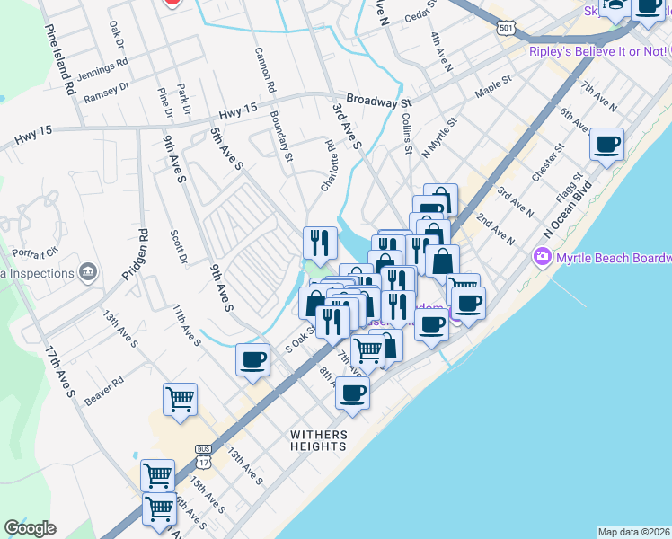 map of restaurants, bars, coffee shops, grocery stores, and more near 604 5th Avenue South in Myrtle Beach