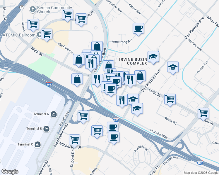 map of restaurants, bars, coffee shops, grocery stores, and more near 1920 Main Street in Irvine