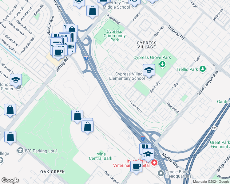 map of restaurants, bars, coffee shops, grocery stores, and more near 68 Rose Arch in Irvine