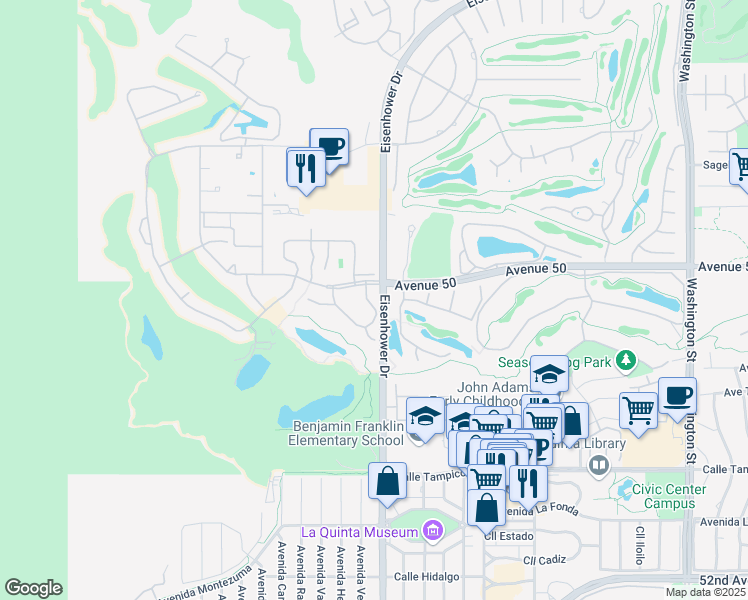 map of restaurants, bars, coffee shops, grocery stores, and more near 77703 Avenue Madrugada in La Quinta