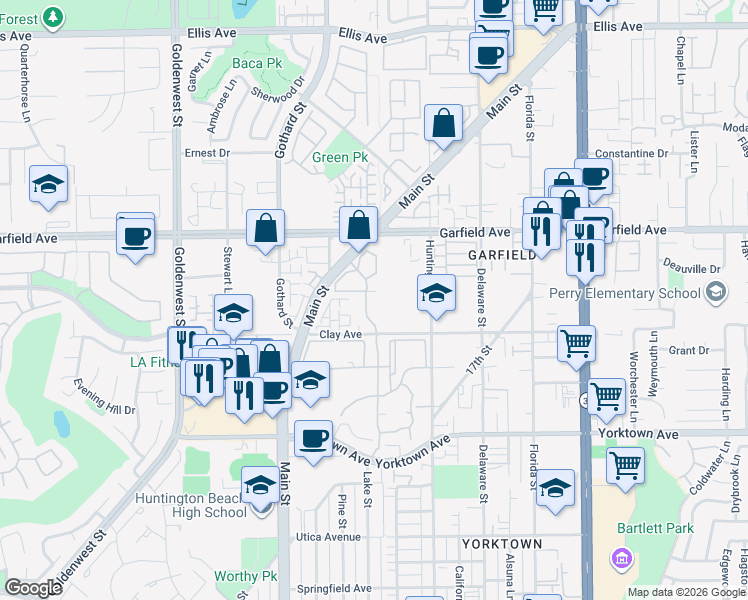 map of restaurants, bars, coffee shops, grocery stores, and more near in Huntington Beach