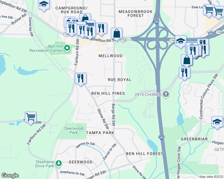 map of restaurants, bars, coffee shops, grocery stores, and more near 3632 Barrow Place Southwest in Atlanta