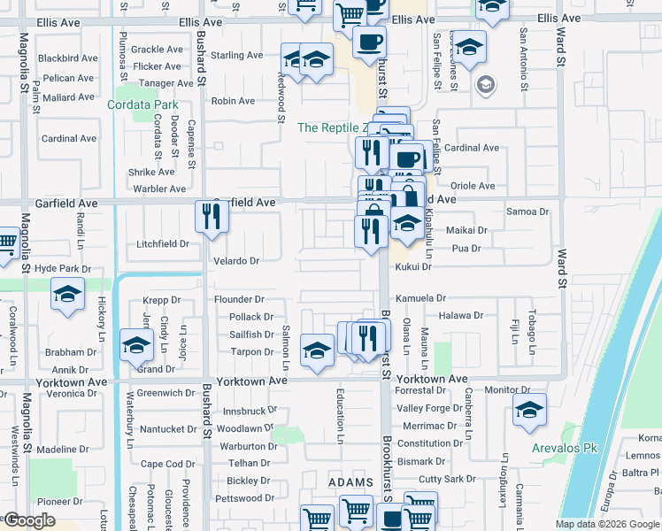 map of restaurants, bars, coffee shops, grocery stores, and more near 9850 Garfield Avenue in Huntington Beach