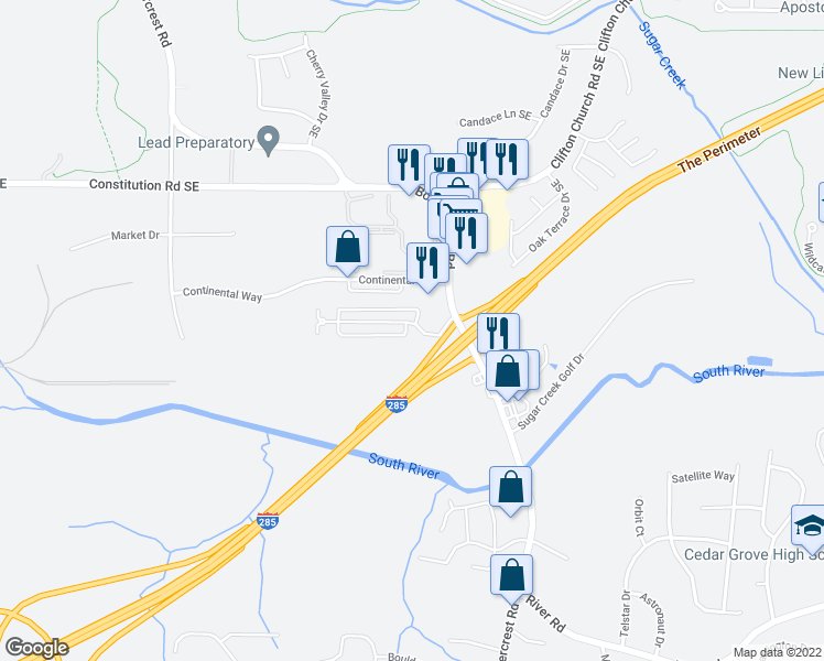 map of restaurants, bars, coffee shops, grocery stores, and more near 1739 Whitehall Forest Court Southeast in Atlanta