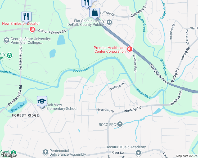 map of restaurants, bars, coffee shops, grocery stores, and more near 3022 Waldrop Circle in Decatur