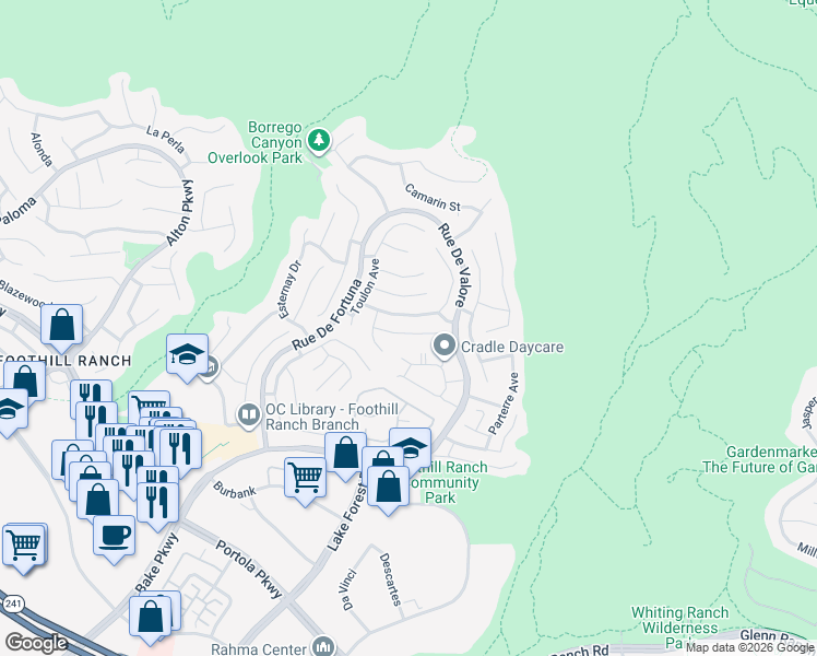 map of restaurants, bars, coffee shops, grocery stores, and more near 17 Marseille Way in Lake Forest