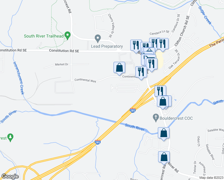 map of restaurants, bars, coffee shops, grocery stores, and more near 1847 Whitehall Forest Court Southeast in Atlanta