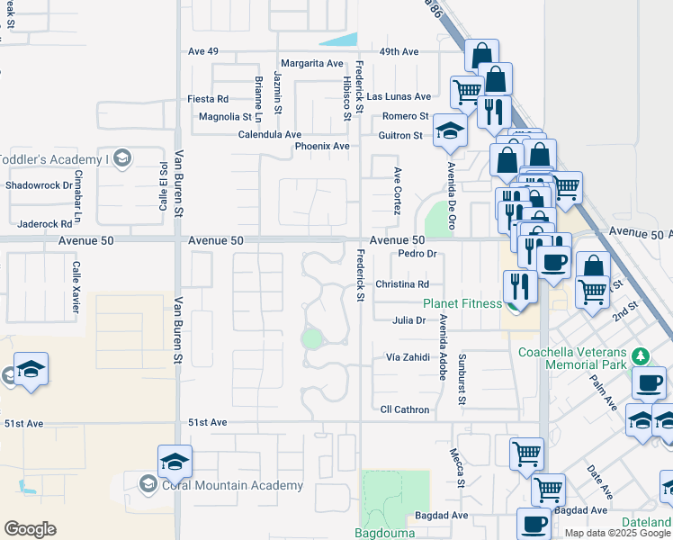 map of restaurants, bars, coffee shops, grocery stores, and more near 84430 Taxco Way in Coachella