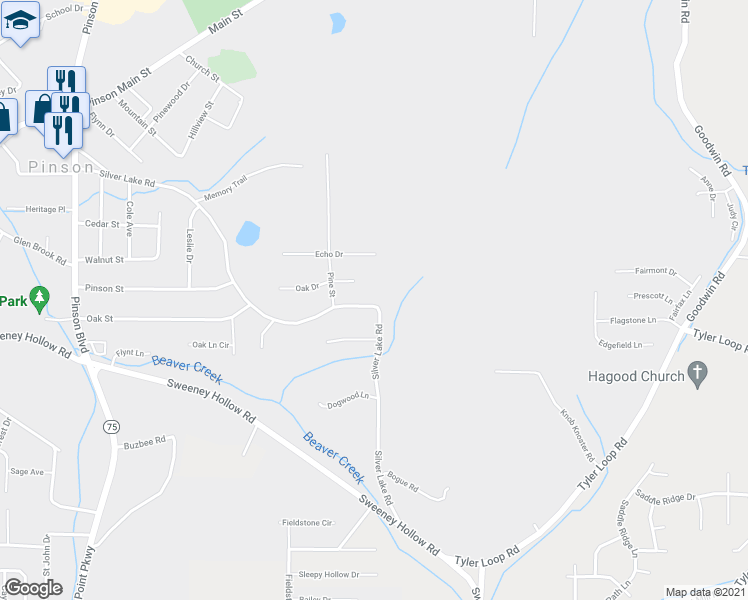 map of restaurants, bars, coffee shops, grocery stores, and more near 4510 Silver Lake Road in Pinson