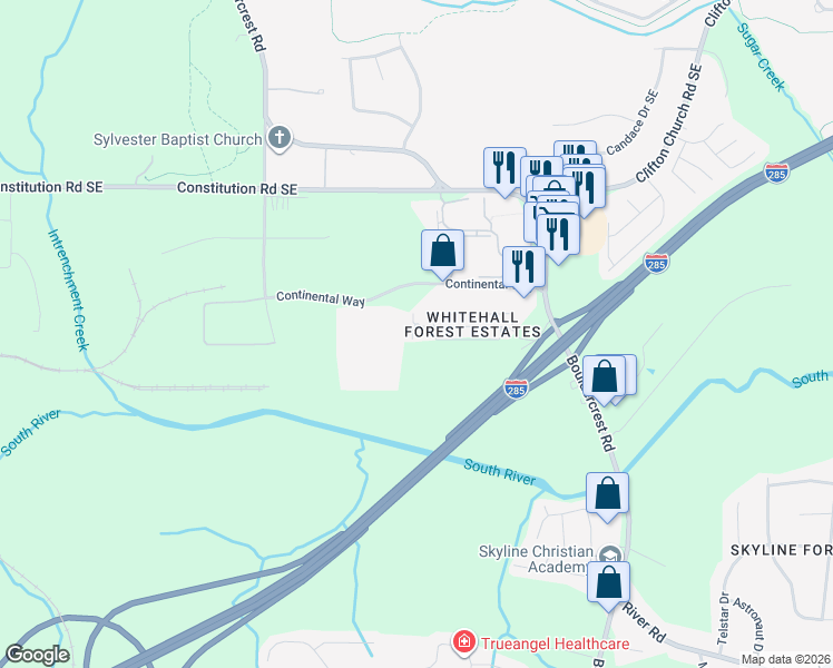 map of restaurants, bars, coffee shops, grocery stores, and more near 1845 Whitehall Forest Court Southeast in Atlanta