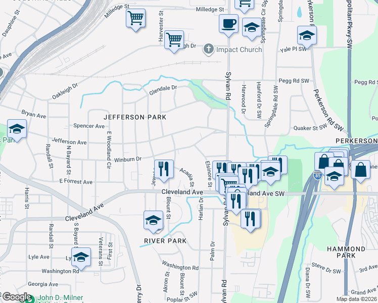 map of restaurants, bars, coffee shops, grocery stores, and more near 1006 Winburn Drive in East Point