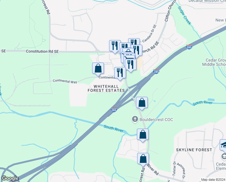 map of restaurants, bars, coffee shops, grocery stores, and more near 1749 Whitehall Forest Court Southeast in Atlanta