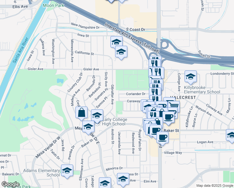 map of restaurants, bars, coffee shops, grocery stores, and more near 3131 Coral Avenue in Costa Mesa