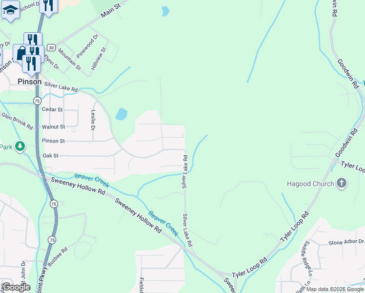 map of restaurants, bars, coffee shops, grocery stores, and more near 4510 Silver Lake Road in Pinson