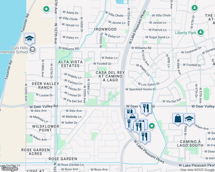 map of restaurants, bars, coffee shops, grocery stores, and more near 10352 West Sands Drive in Peoria