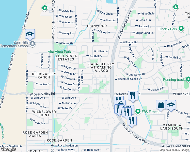 map of restaurants, bars, coffee shops, grocery stores, and more near 10370 West Sands Drive in Peoria