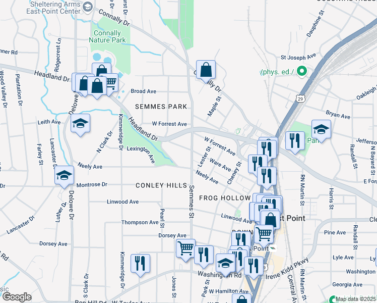 map of restaurants, bars, coffee shops, grocery stores, and more near 2601 Semmes Street in East Point