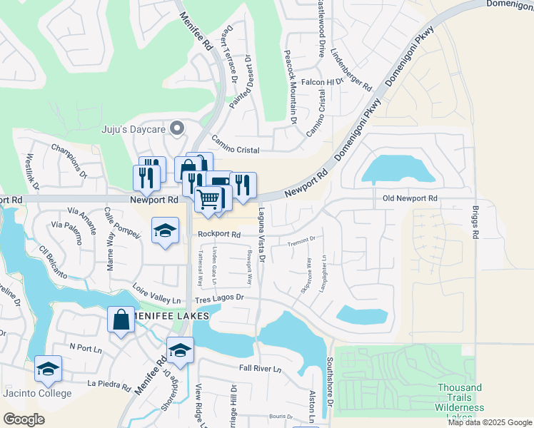 map of restaurants, bars, coffee shops, grocery stores, and more near 30041 Leeward Court in Menifee
