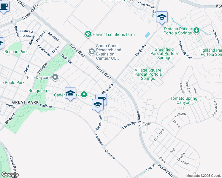 map of restaurants, bars, coffee shops, grocery stores, and more near 136 Modjeska in Irvine