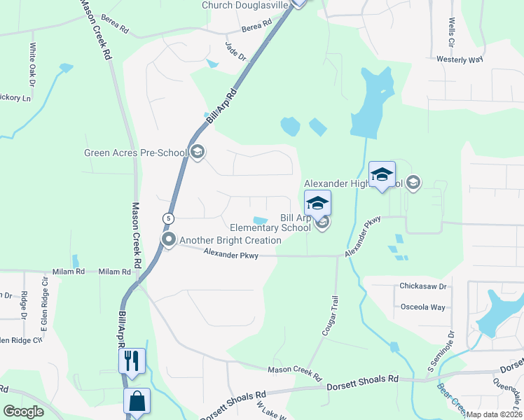 map of restaurants, bars, coffee shops, grocery stores, and more near 4451 Poplar Court in Douglasville