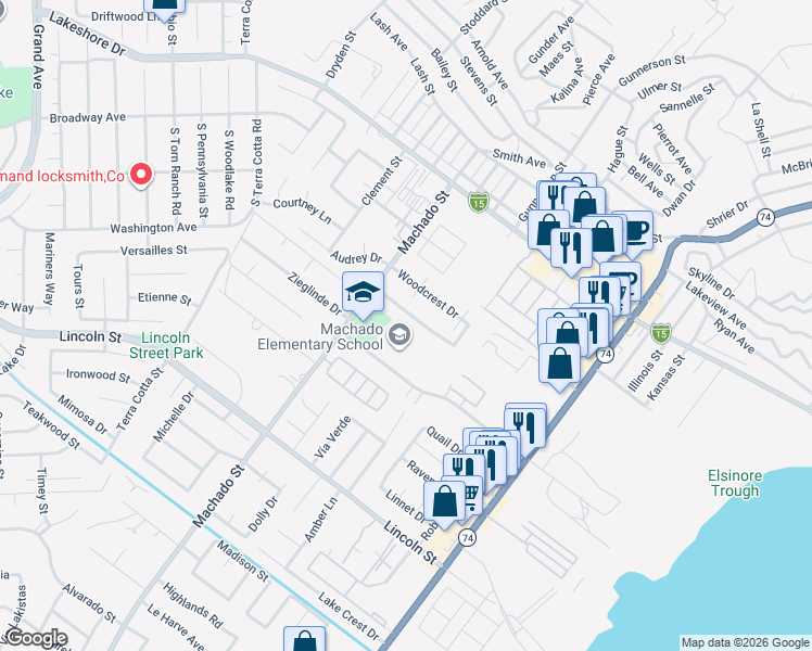 map of restaurants, bars, coffee shops, grocery stores, and more near 632 Parkview Drive in Lake Elsinore