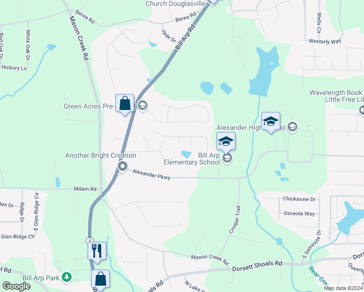 map of restaurants, bars, coffee shops, grocery stores, and more near 4456 Oakland Court in Douglasville