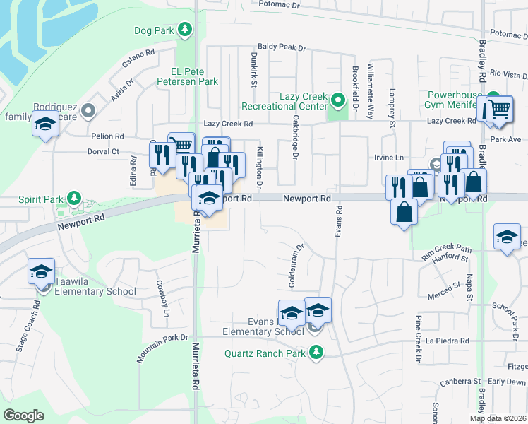 map of restaurants, bars, coffee shops, grocery stores, and more near 30072 Santa Rosalia Drive in Menifee