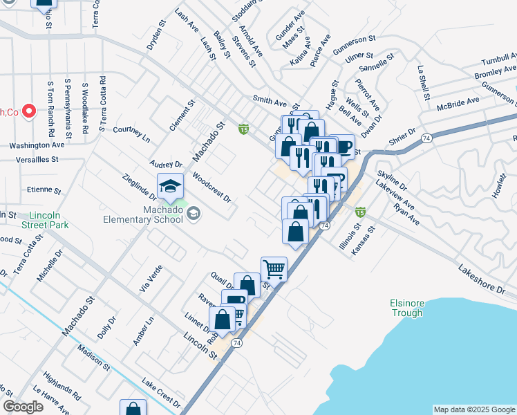 map of restaurants, bars, coffee shops, grocery stores, and more near 16511 Badalona St in Lake Elsinore
