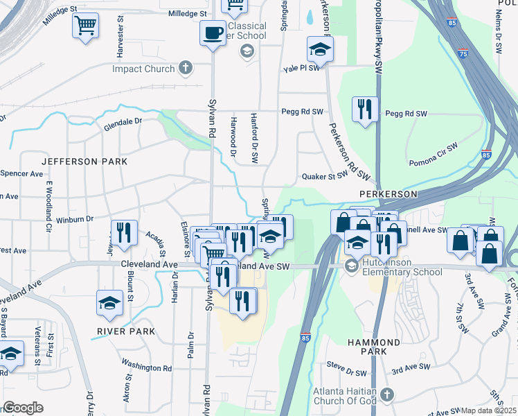 map of restaurants, bars, coffee shops, grocery stores, and more near 2577 Springdale Road Southwest in Atlanta