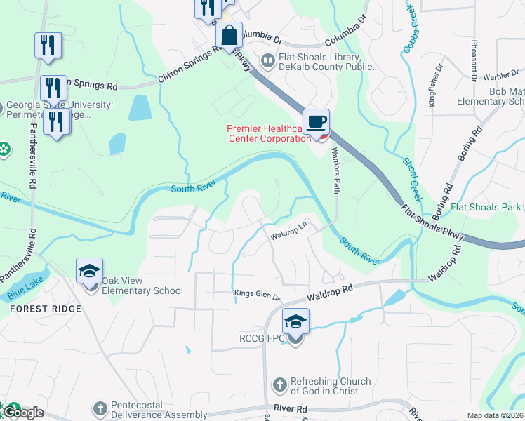 map of restaurants, bars, coffee shops, grocery stores, and more near Waldrop Circle in DeKalb County