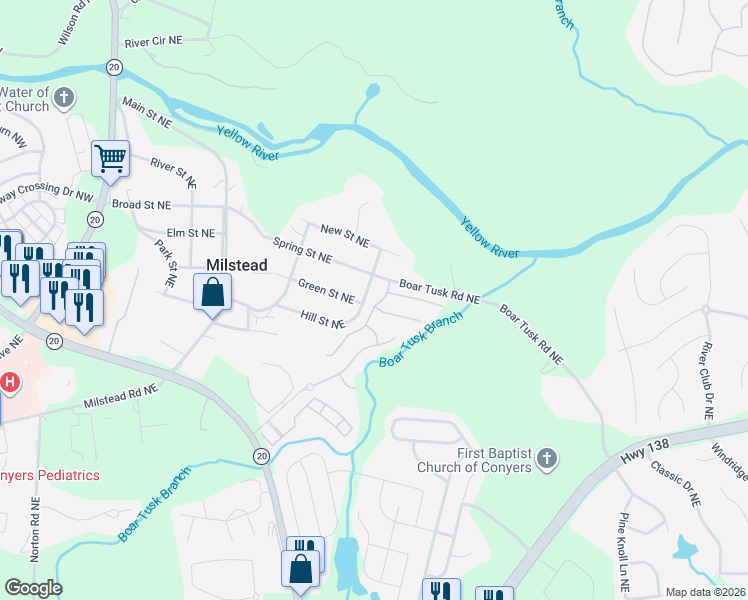 map of restaurants, bars, coffee shops, grocery stores, and more near 1999 Boar Tusk Road Northeast in Conyers