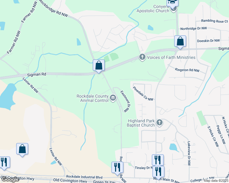map of restaurants, bars, coffee shops, grocery stores, and more near 1524 Eastmont Dr Nw in Conyers