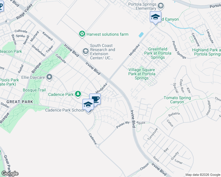 map of restaurants, bars, coffee shops, grocery stores, and more near 143 Stage in Irvine