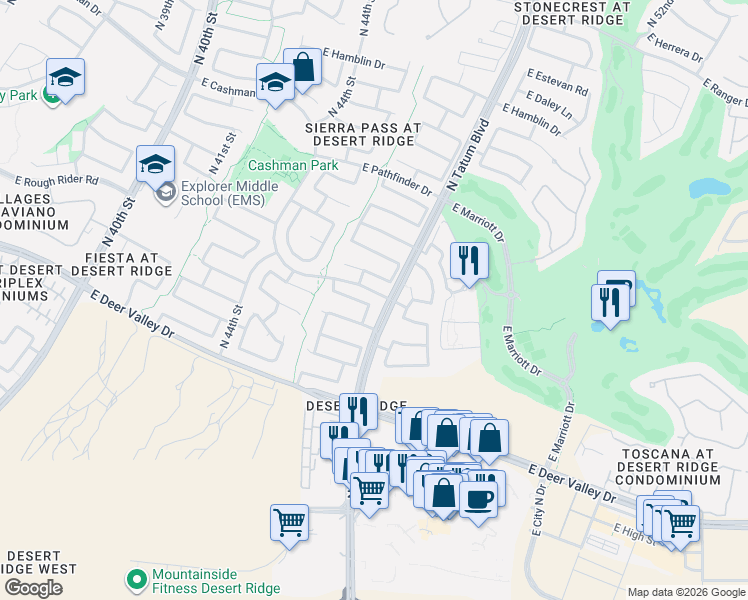 map of restaurants, bars, coffee shops, grocery stores, and more near 21665 North 47th Place in Phoenix