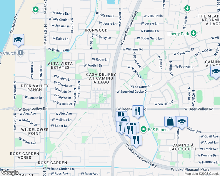map of restaurants, bars, coffee shops, grocery stores, and more near 10268 West Sands Drive in Peoria