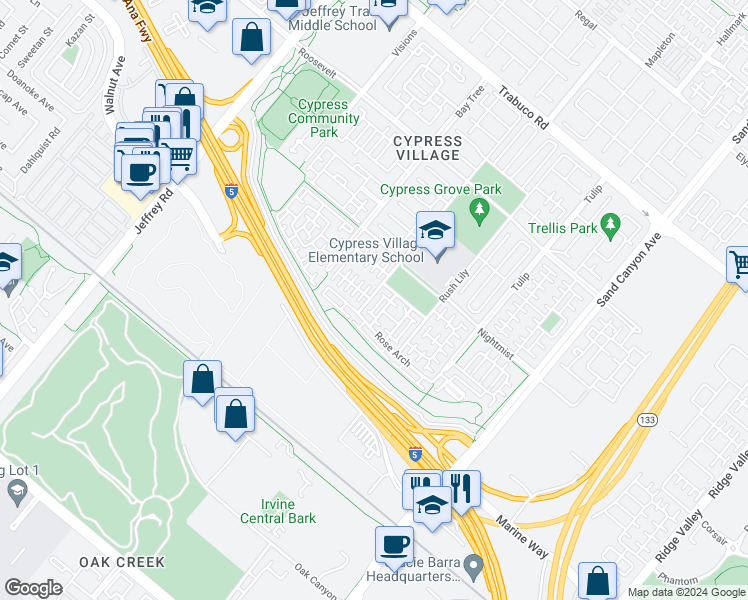 map of restaurants, bars, coffee shops, grocery stores, and more near 126 Painted Trellis in Irvine