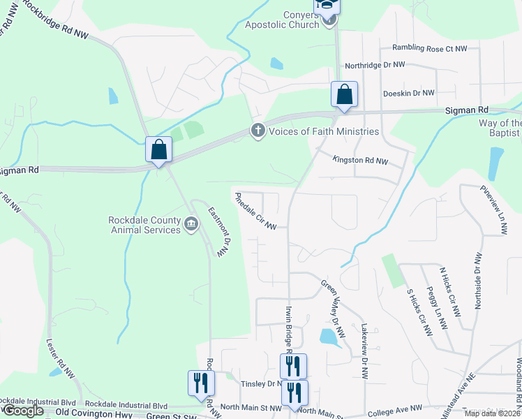 map of restaurants, bars, coffee shops, grocery stores, and more near 1518 Pine Cone Lane Northwest in Conyers