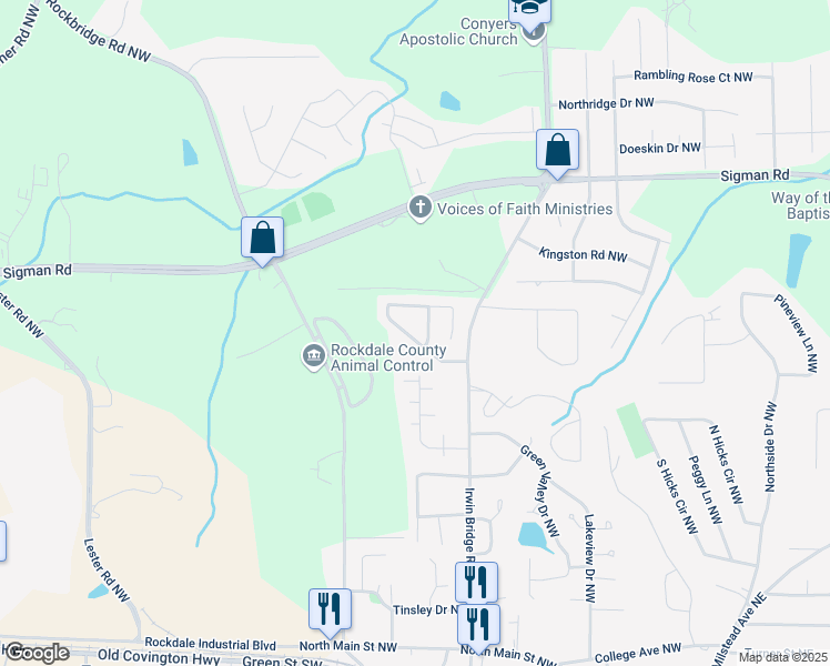 map of restaurants, bars, coffee shops, grocery stores, and more near 1167 Pinedale Circle Northwest in Conyers