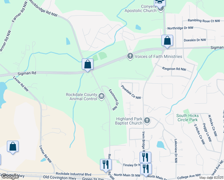 map of restaurants, bars, coffee shops, grocery stores, and more near 1524 Eastmont Drive Northwest in Conyers
