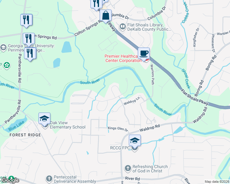 map of restaurants, bars, coffee shops, grocery stores, and more near 3010 Waldrop Circle in Decatur