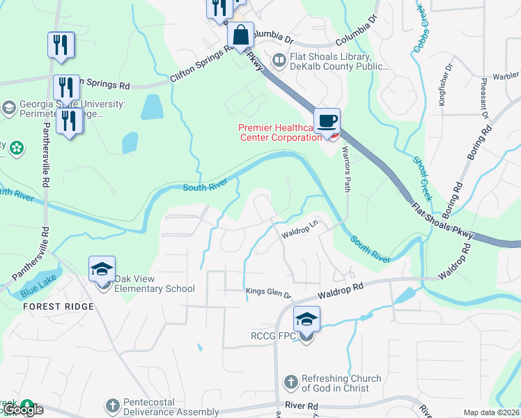 map of restaurants, bars, coffee shops, grocery stores, and more near 3010 Waldrop Circle in Decatur