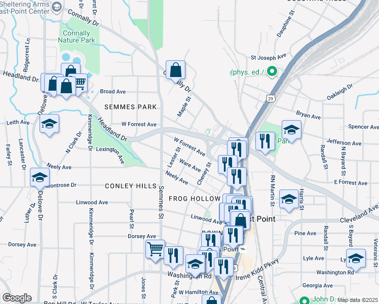 map of restaurants, bars, coffee shops, grocery stores, and more near 2611 Oak Street in Atlanta
